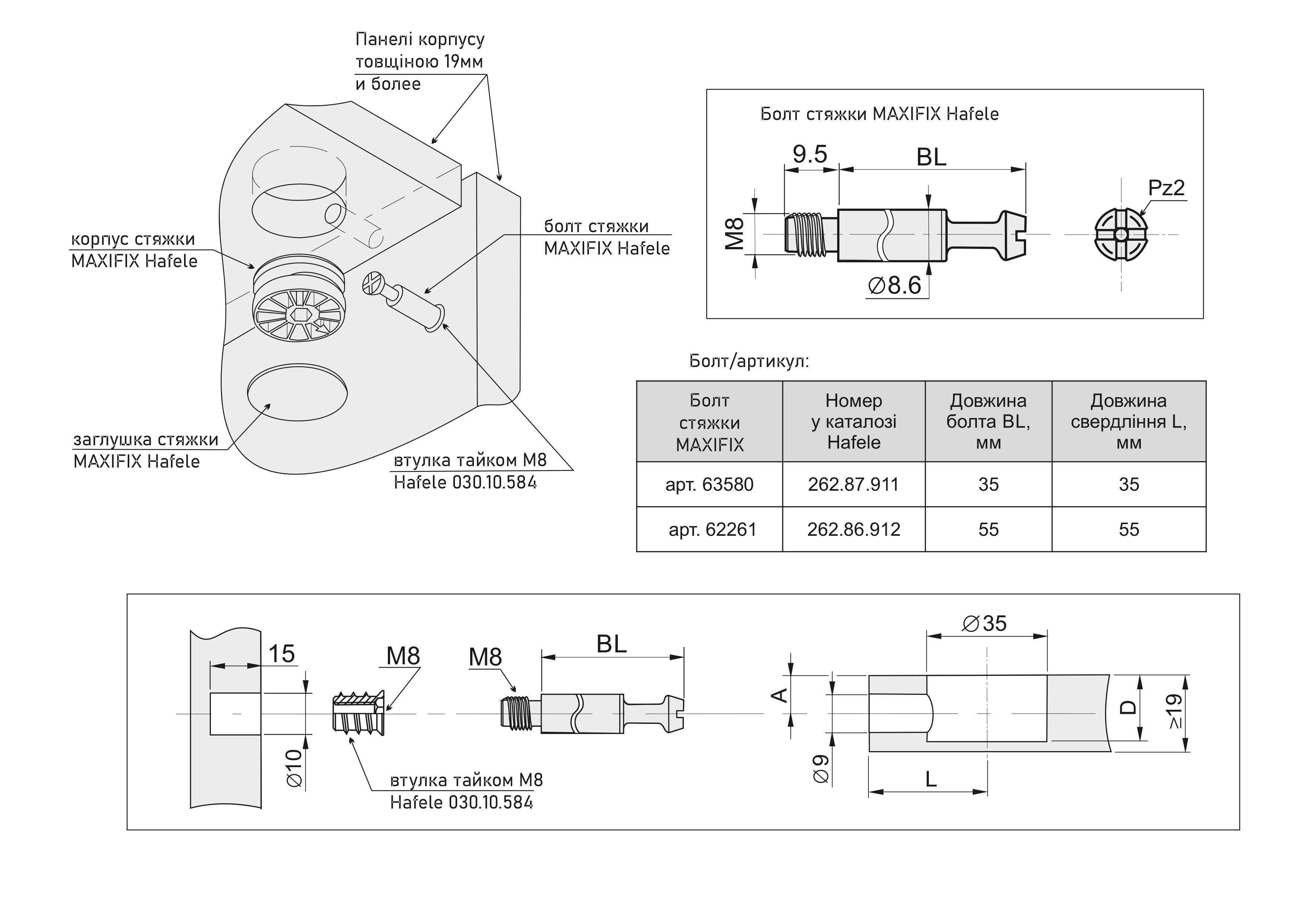 Болт стяжки MAXIFIX HAFELE D8,6 мм М8 11 мм глубина сверления 35 мм сталь (262.87.911)
